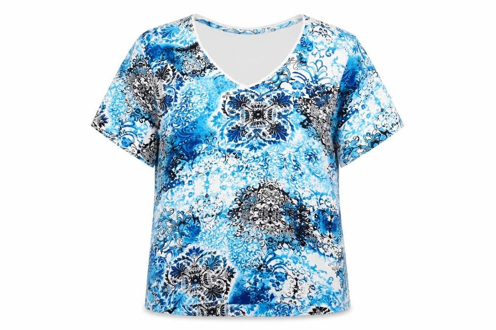 TIGI Womens Blue Geometric Cotton Basic T-Shirt Size 10 V-Neck