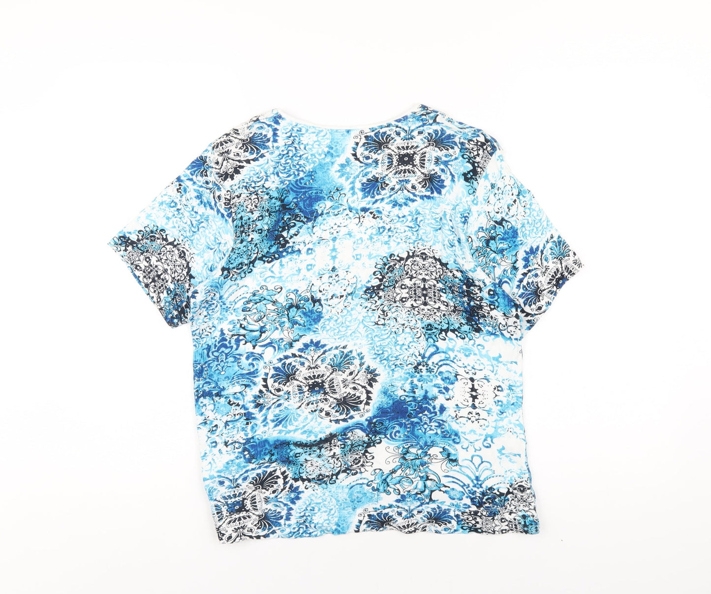 TIGI Womens Blue Geometric Cotton Basic T-Shirt Size 10 V-Neck