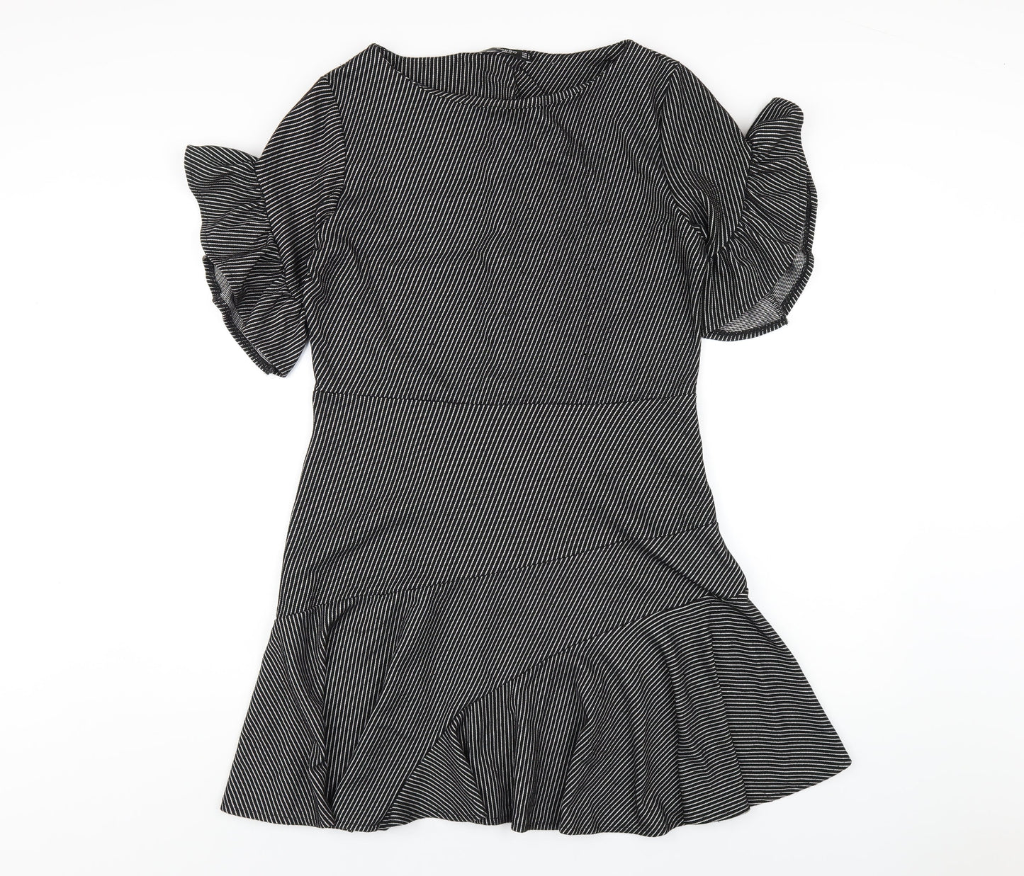 Mango Womens Black Striped Polyester A-Line Size L Round Neck Pullover