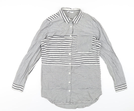 NEXT Womens Grey Striped Cotton Basic Button-Up Size 8 Collared