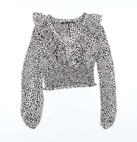 Zara Womens Grey Geometric Polyester Basic Blouse Size XS V-Neck