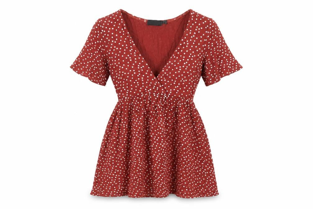 PRETTYLITTLETHING Womens Brown Polka Dot Viscose Mini Size 8 V-Neck Pullover