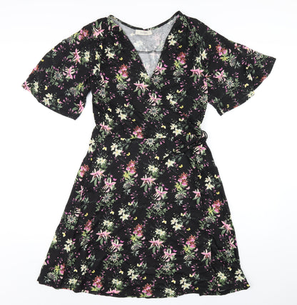 Oasis Womens Black Floral Viscose A-Line Size S V-Neck Pullover