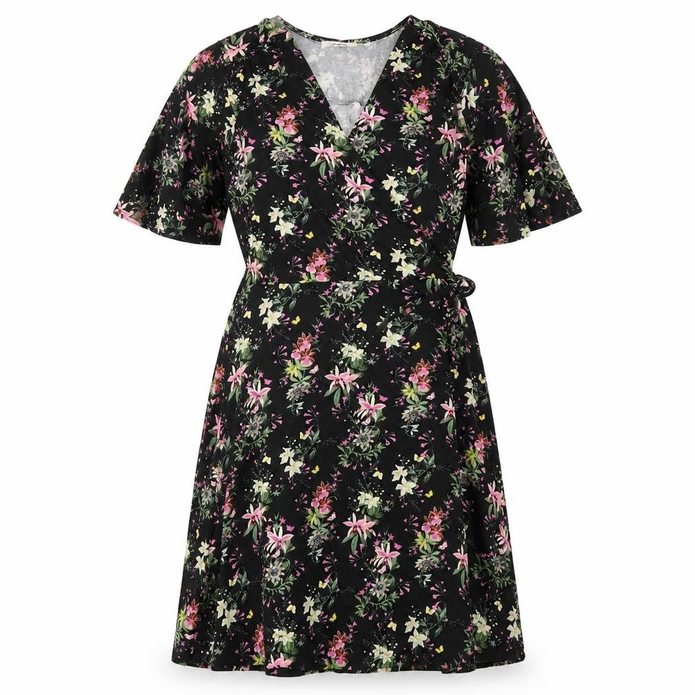 Oasis Womens Black Floral Viscose A-Line Size S V-Neck Pullover