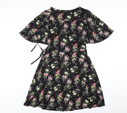 Oasis Womens Black Floral Viscose A-Line Size S V-Neck Pullover
