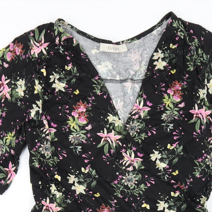 Oasis Womens Black Floral Viscose A-Line Size S V-Neck Pullover