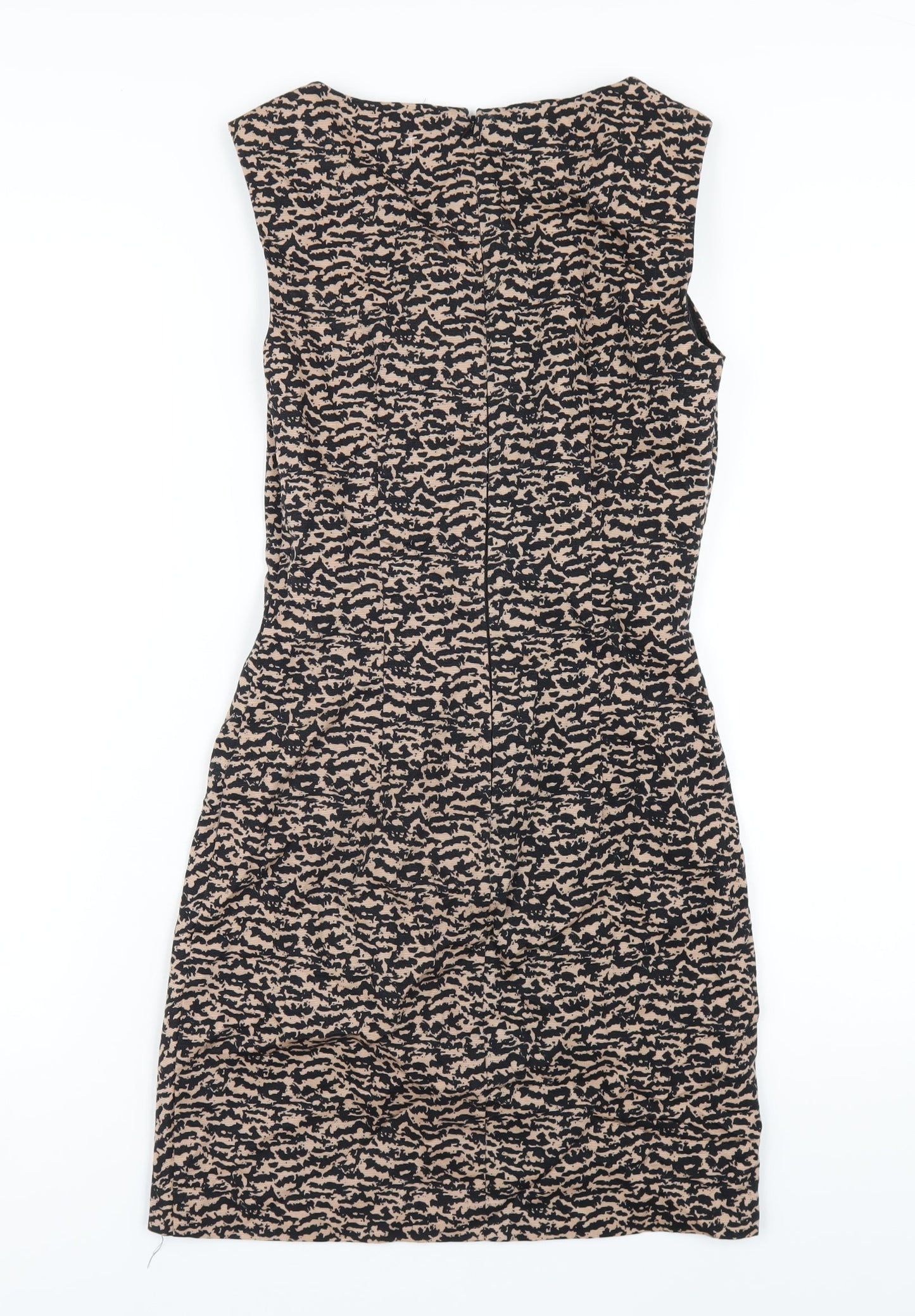 Warehouse Womens Brown Geometric Cotton Pencil Dress Size 8 Round Neck Zip