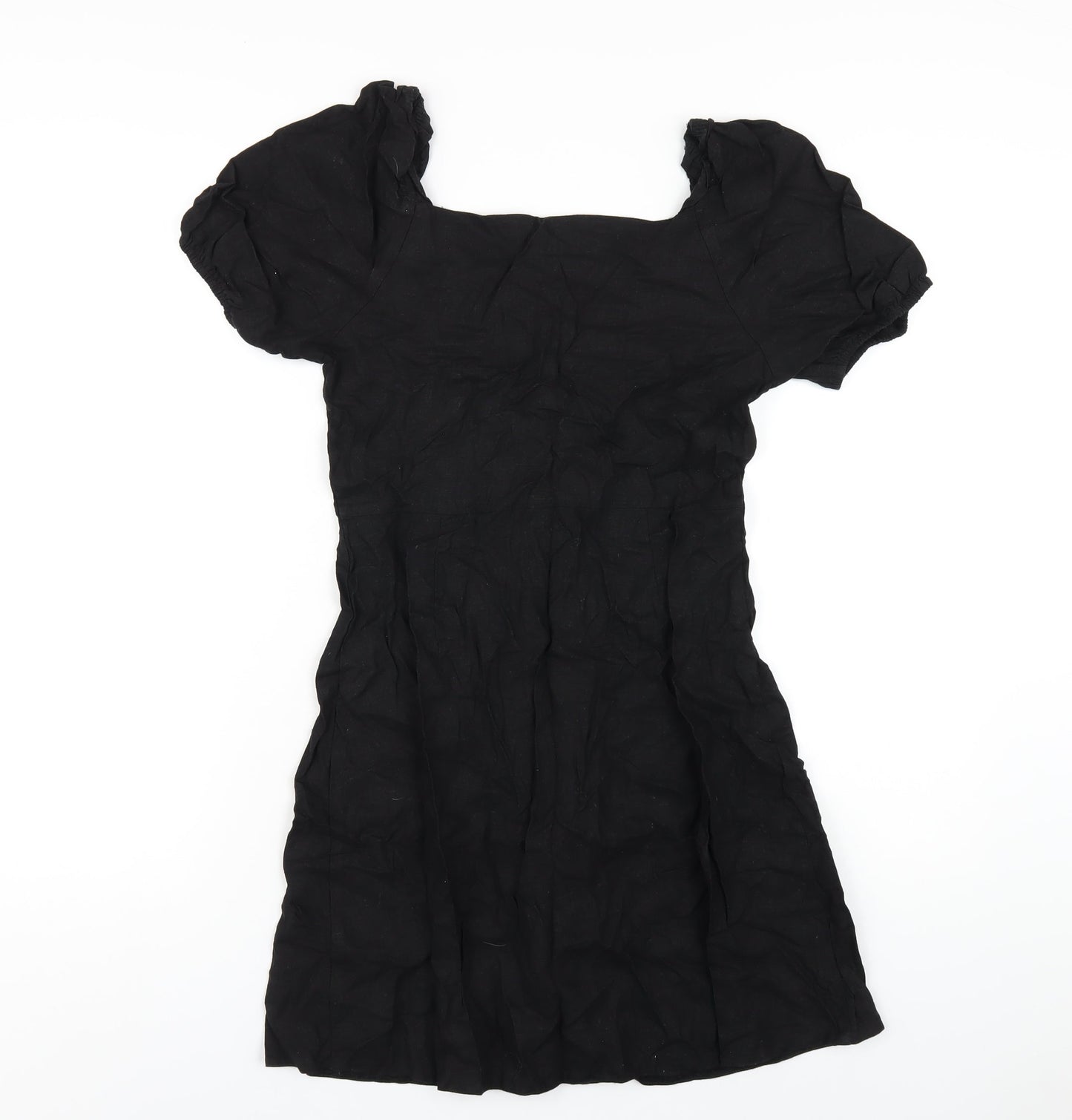 New Look Womens Black Linen A-Line Size 10 Square Neck Button