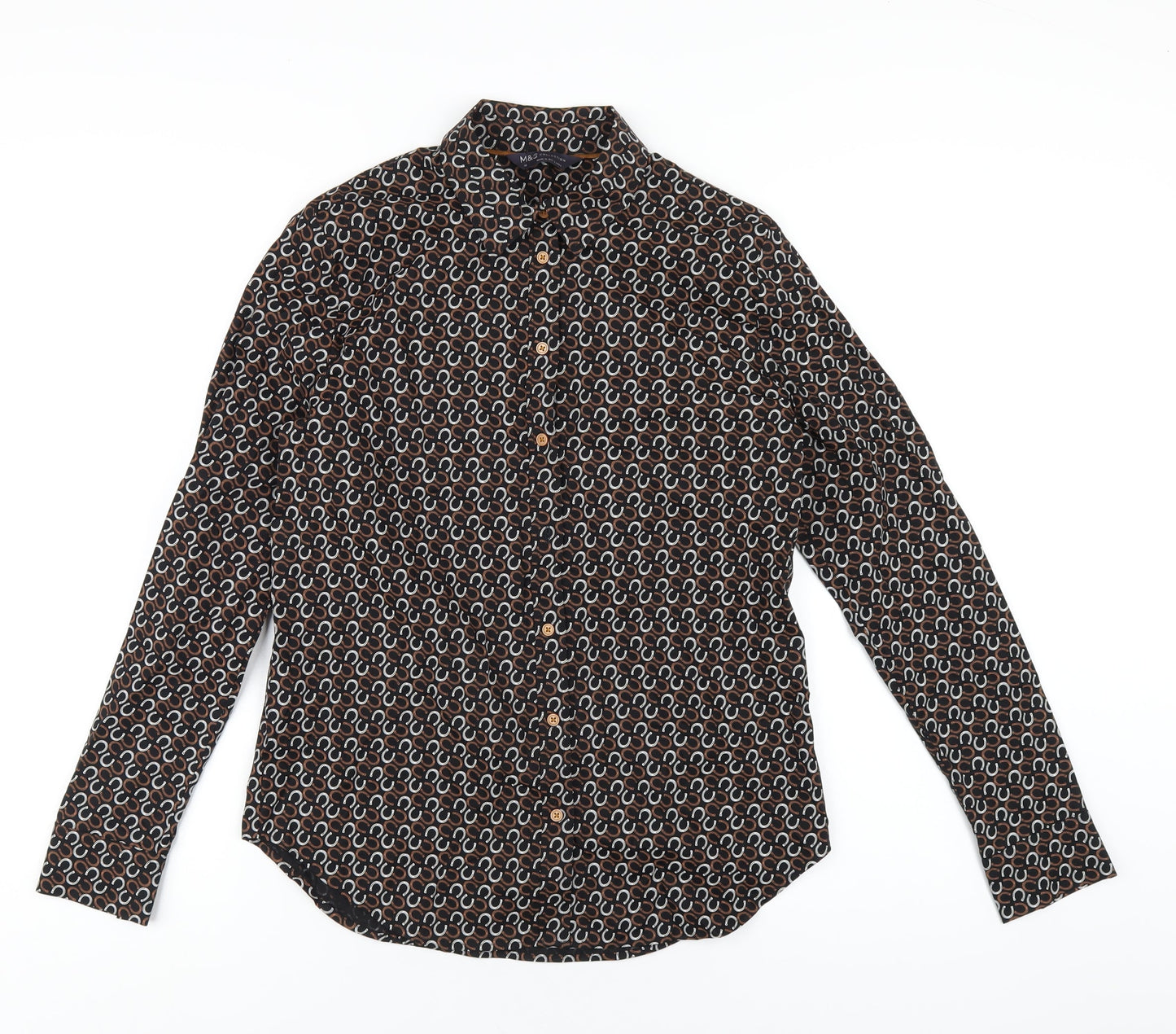 Marks and Spencer Womens Black Geometric Cotton Basic Button-Up Size 10 Collared