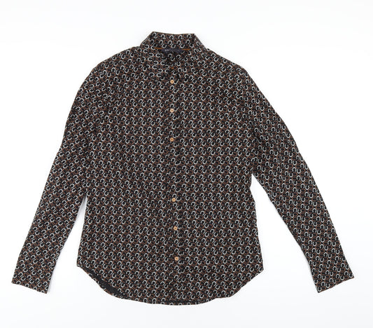 Marks and Spencer Womens Black Geometric Cotton Basic Button-Up Size 10 Collared