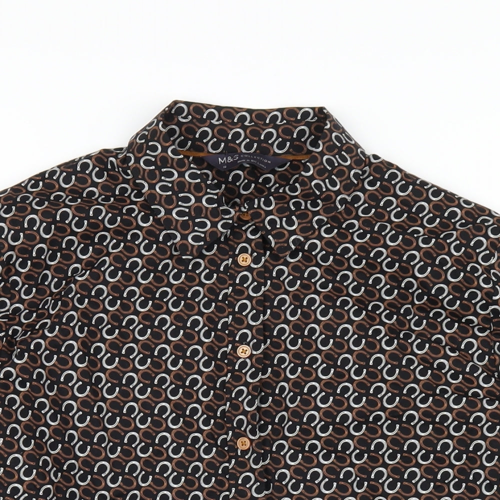 Marks and Spencer Womens Black Geometric Cotton Basic Button-Up Size 10 Collared