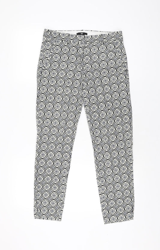 H&M Womens White Geometric Cotton Trousers Size 8 L26 in Regular Zip