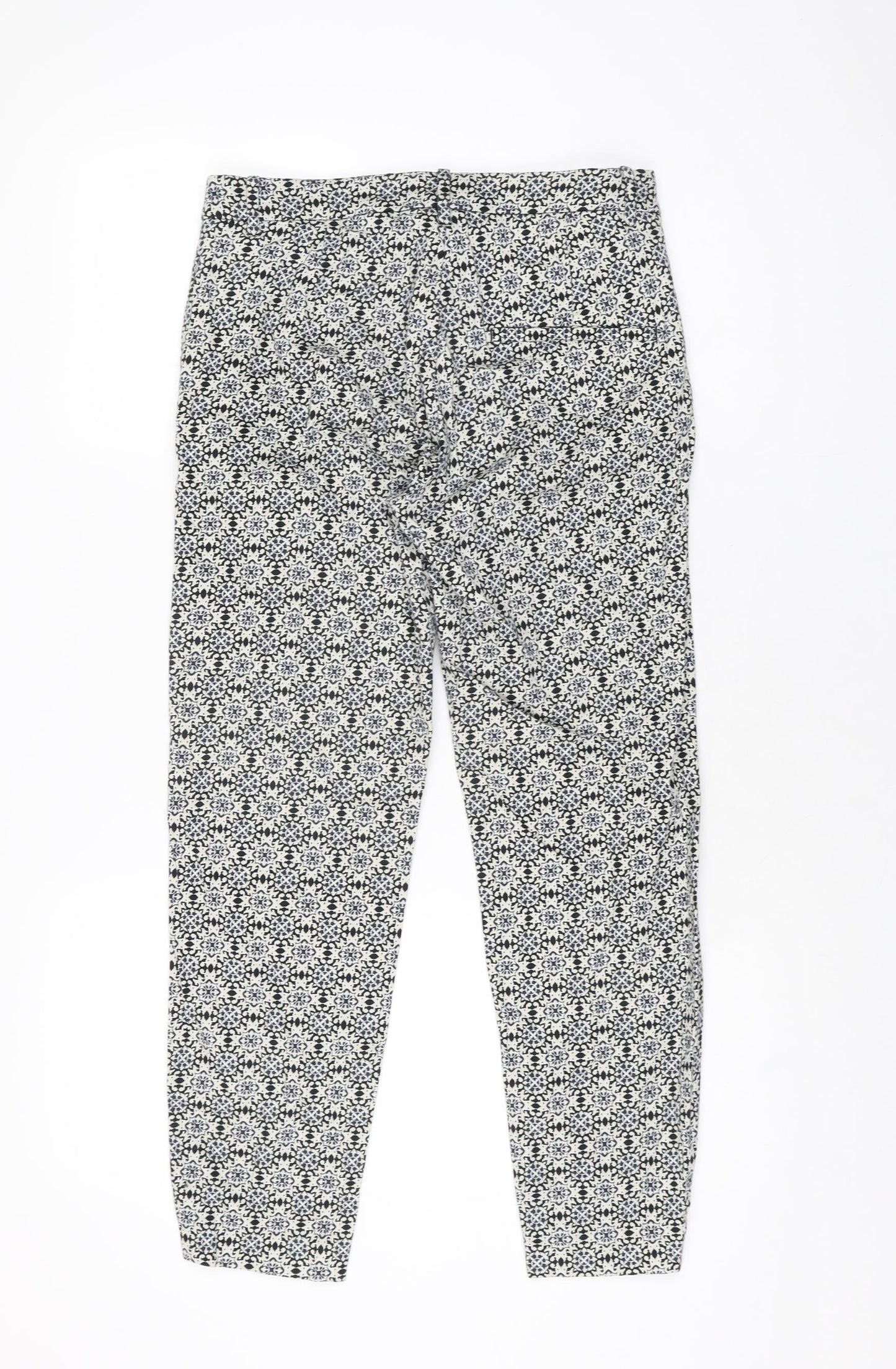 H&M Womens White Geometric Cotton Trousers Size 8 L26 in Regular Zip