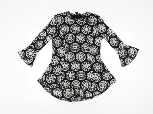 Izabel London Womens Black Floral Nylon Basic T-Shirt Size 10 Round Neck