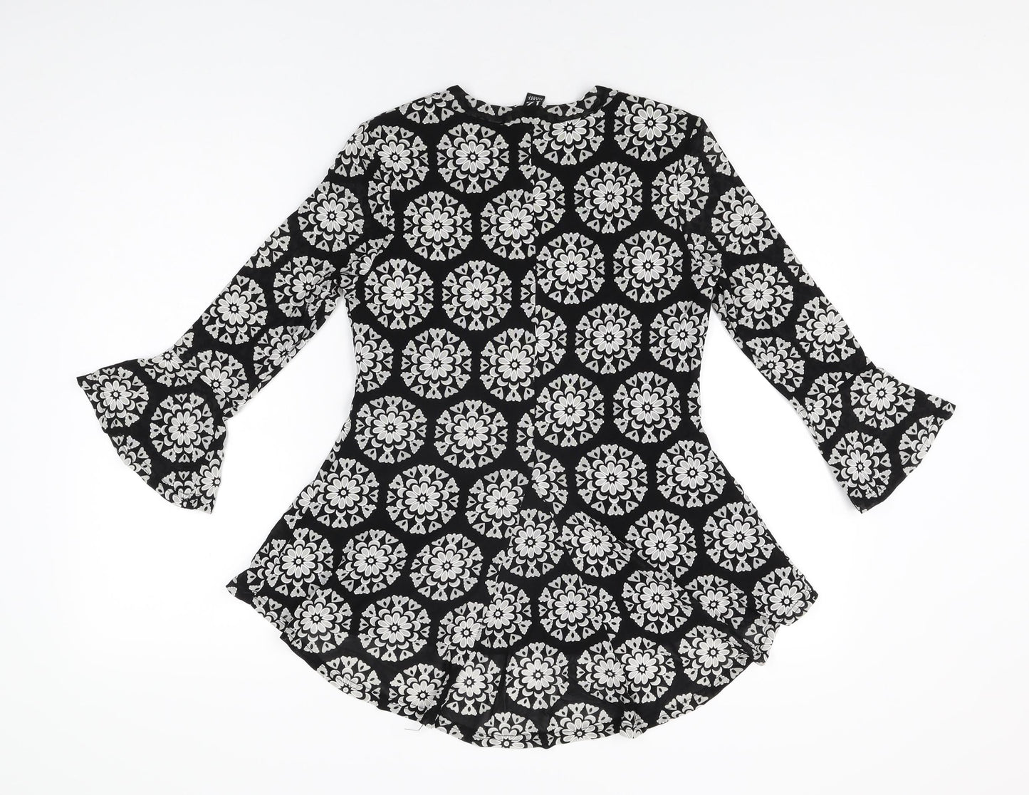 Izabel London Womens Black Floral Nylon Basic T-Shirt Size 10 Round Neck