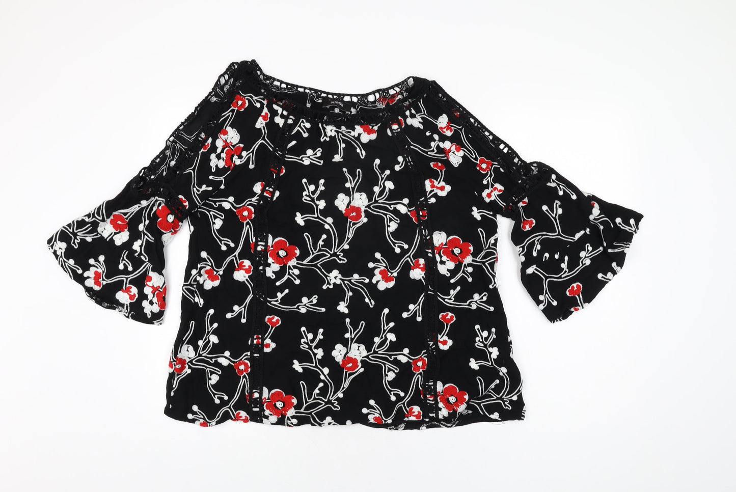 Klass Womens Black Floral Acrylic Basic T-Shirt Size L Round Neck
