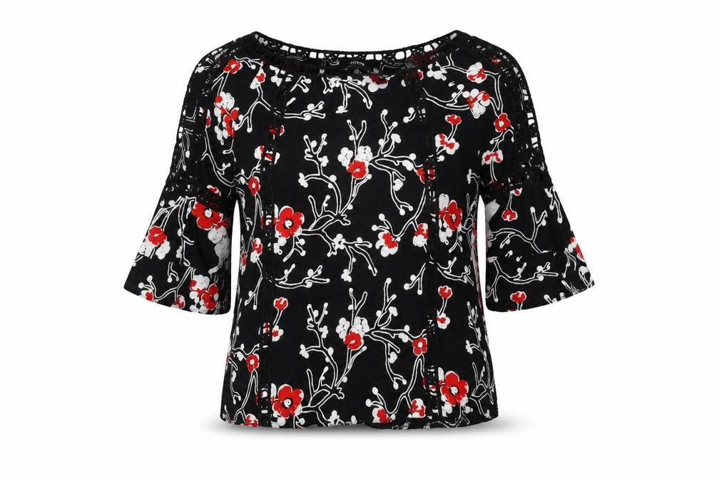 Klass Womens Black Floral Acrylic Basic T-Shirt Size L Round Neck