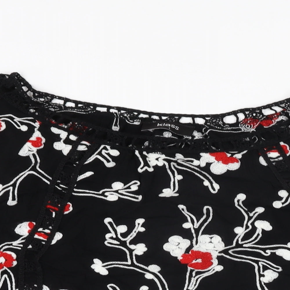 Klass Womens Black Floral Acrylic Basic T-Shirt Size L Round Neck
