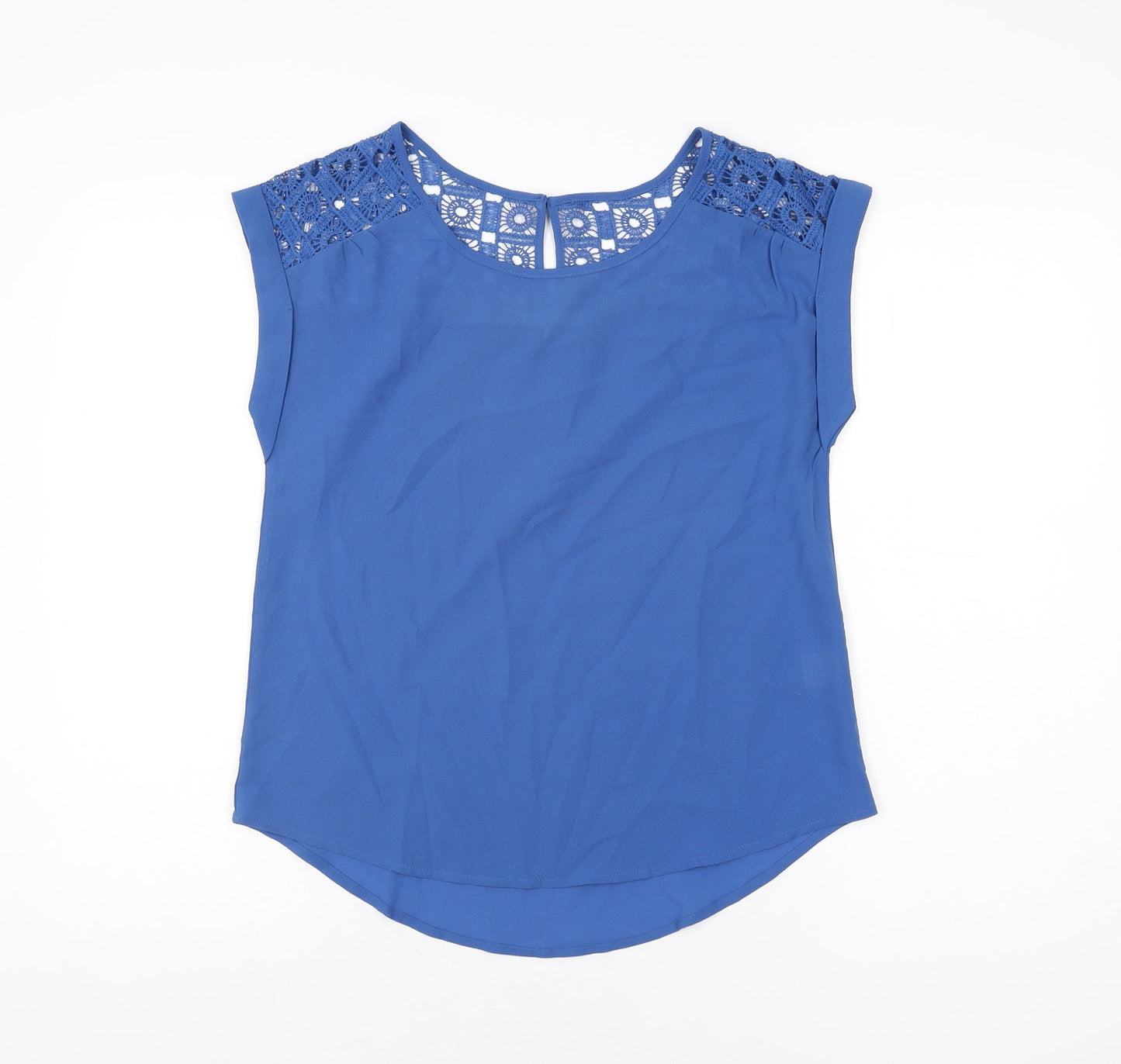 E&M Womens Blue Polyester Basic T-Shirt Size S Round Neck