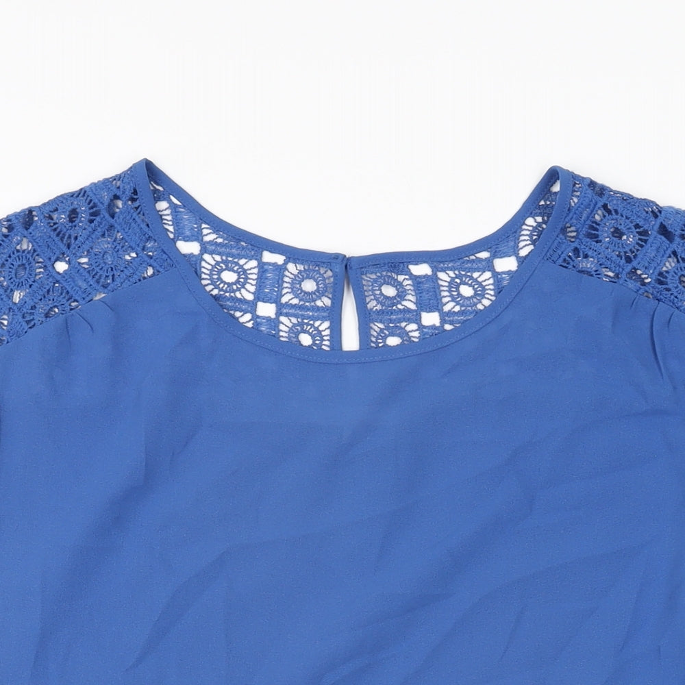 E&M Womens Blue Polyester Basic T-Shirt Size S Round Neck