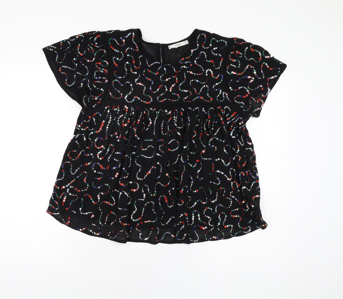 Mango Womens Black Geometric Polyester Basic T-Shirt Size L Round Neck