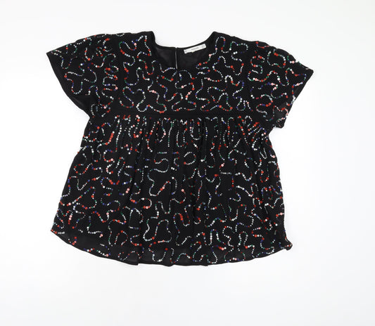 Mango Womens Black Geometric Polyester Basic T-Shirt Size L Round Neck