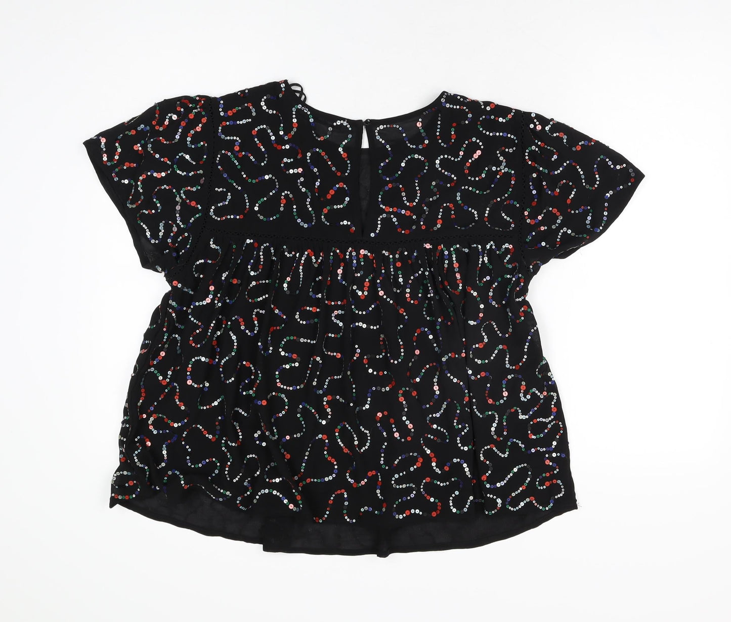 Mango Womens Black Geometric Polyester Basic T-Shirt Size L Round Neck