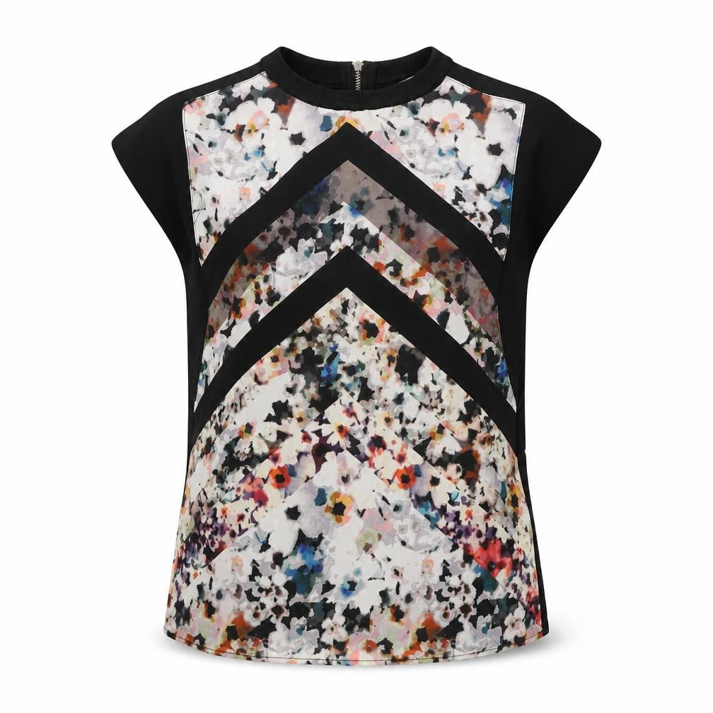 Zara Womens Black Geometric Cotton Basic Blouse Size S Round Neck