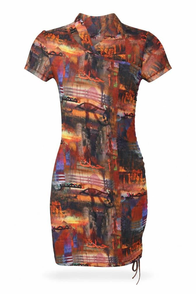 PRETTYLITTLETHING Womens Multicoloured Geometric Polyester Bodycon Size 4 Mock Neck Hook & Eye - Ruched