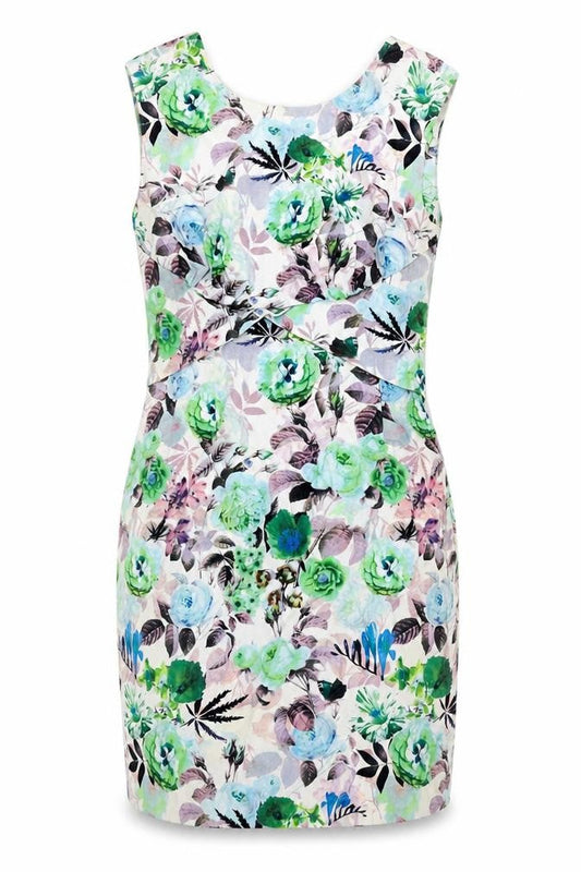 Louche Womens Multicoloured Floral Cotton Pencil Dress Size 10 Boat Neck Zip