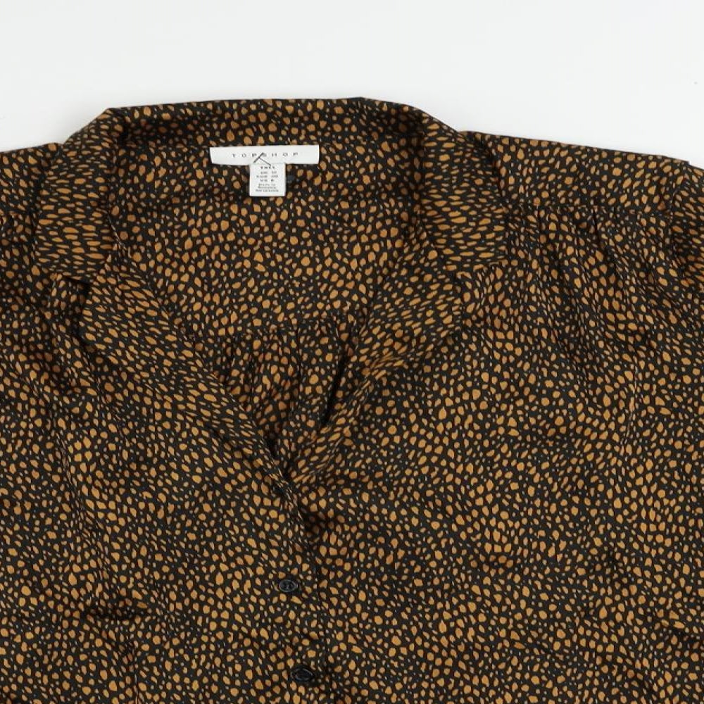 Topshop Womens Black Animal Print Polyester Basic Button-Up Size 12 Collared