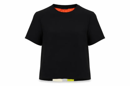Front view of Autograph women’s black polyester basic blouse, size UK 14, round neck