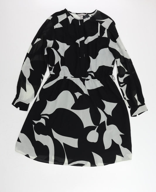 H&M Womens Black Geometric Polyester A-Line Size M Round Neck Button