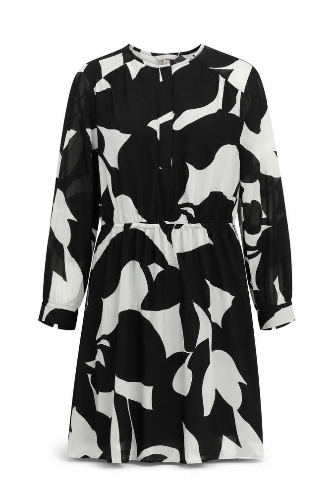 H&M Womens Black Geometric Polyester A-Line Size M Round Neck Button