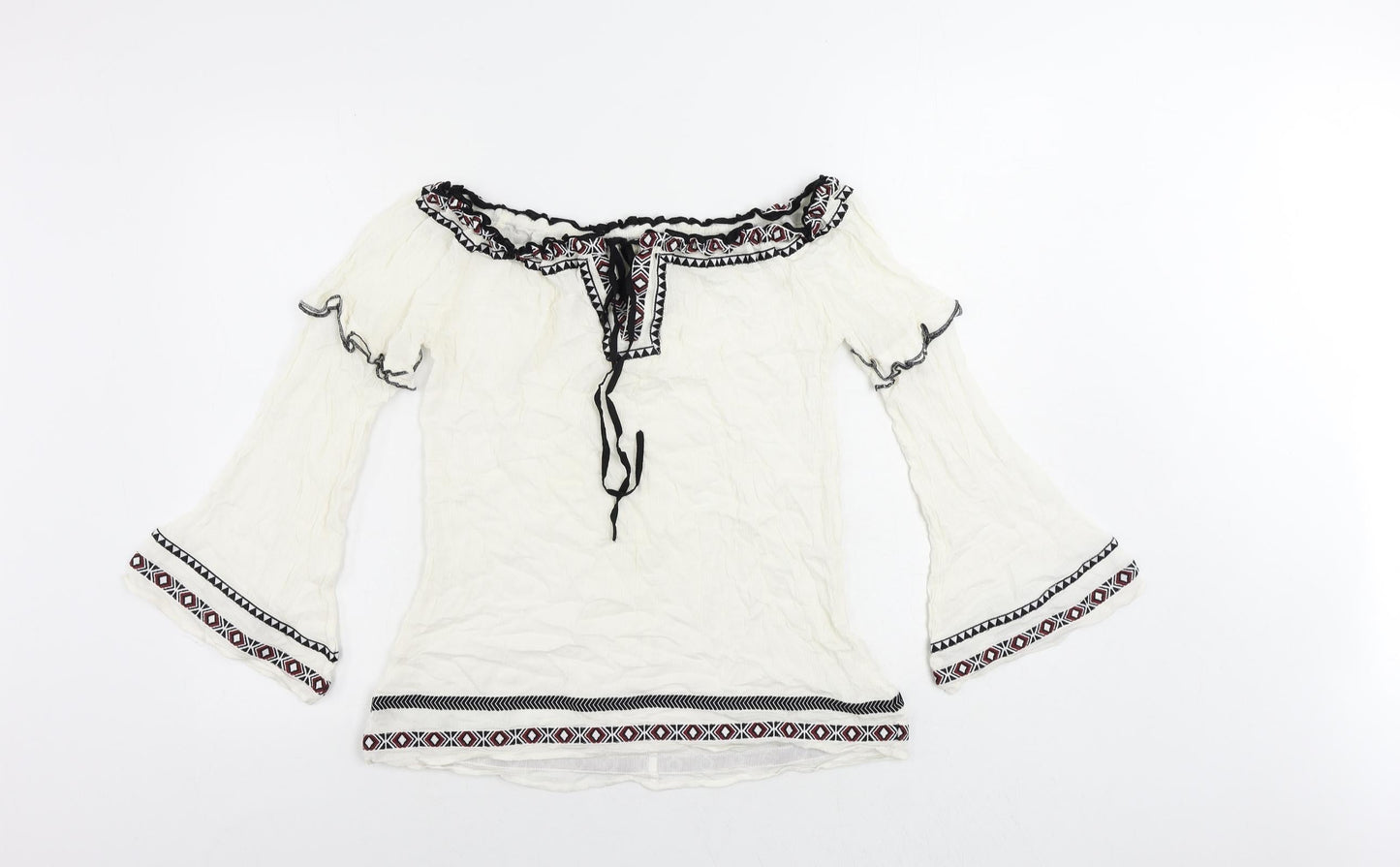 River Is Womens White Viscose Basic Blouse Size 6 Boat Neck - Embroidered