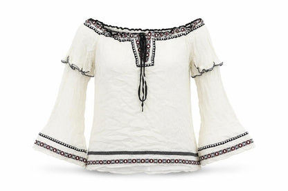 River Is Womens White Viscose Basic Blouse Size 6 Boat Neck - Embroidered