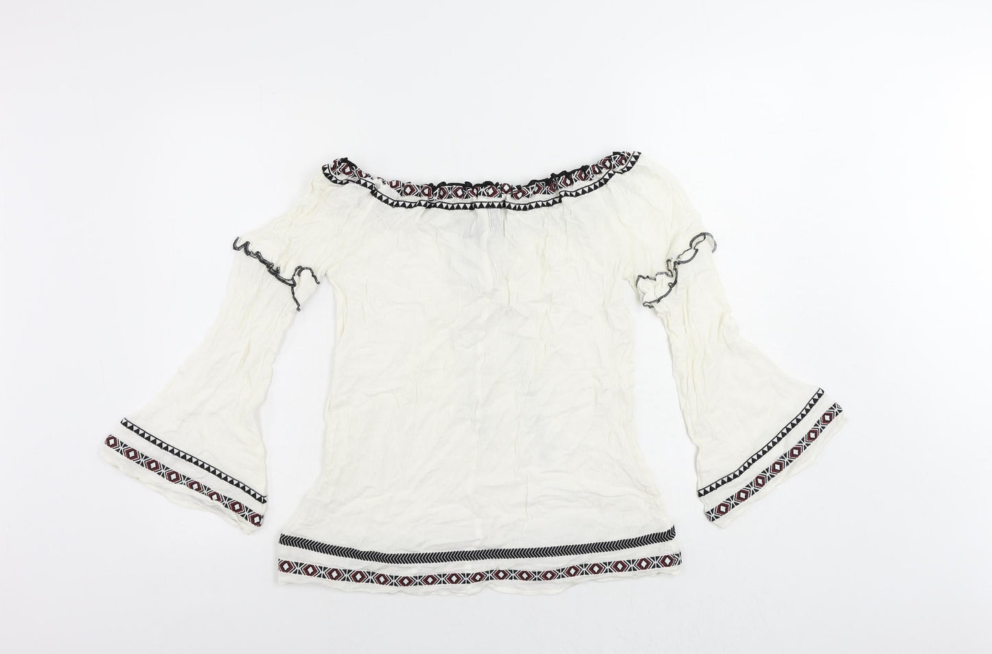 River Is Womens White Viscose Basic Blouse Size 6 Boat Neck - Embroidered