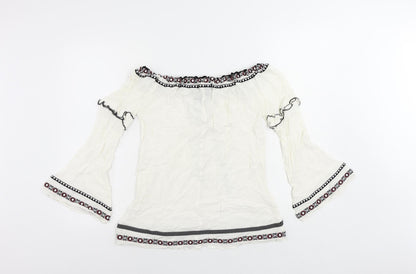 River Is Womens White Viscose Basic Blouse Size 6 Boat Neck - Embroidered