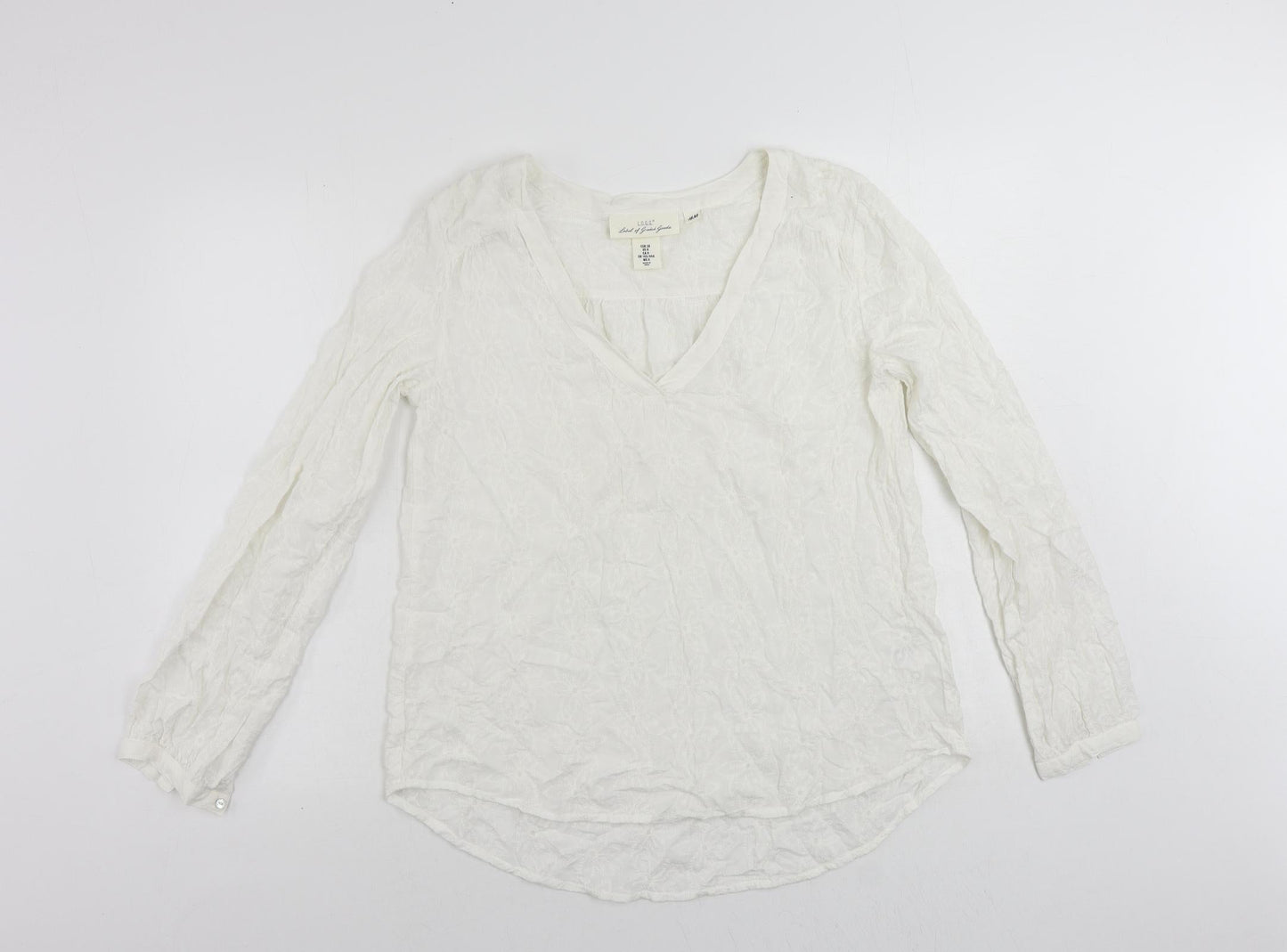 H&M Womens White Viscose Basic Blouse Size 10 V-Neck - Embroidered