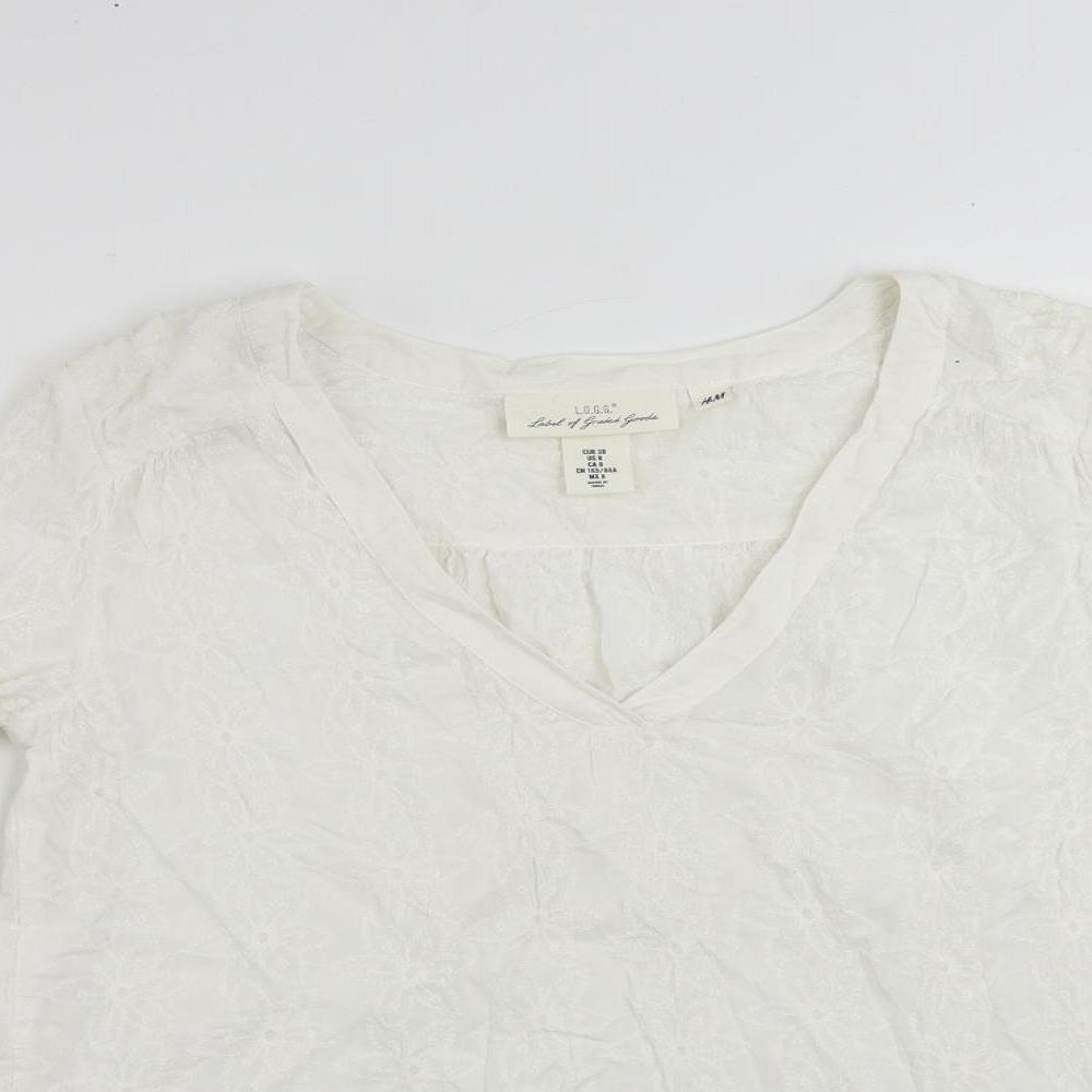 H&M Womens White Viscose Basic Blouse Size 10 V-Neck - Embroidered