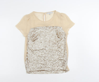 Additional front view of Red Herring women’s beige polyester basic blouse, size UK 8, round neck - sequin
