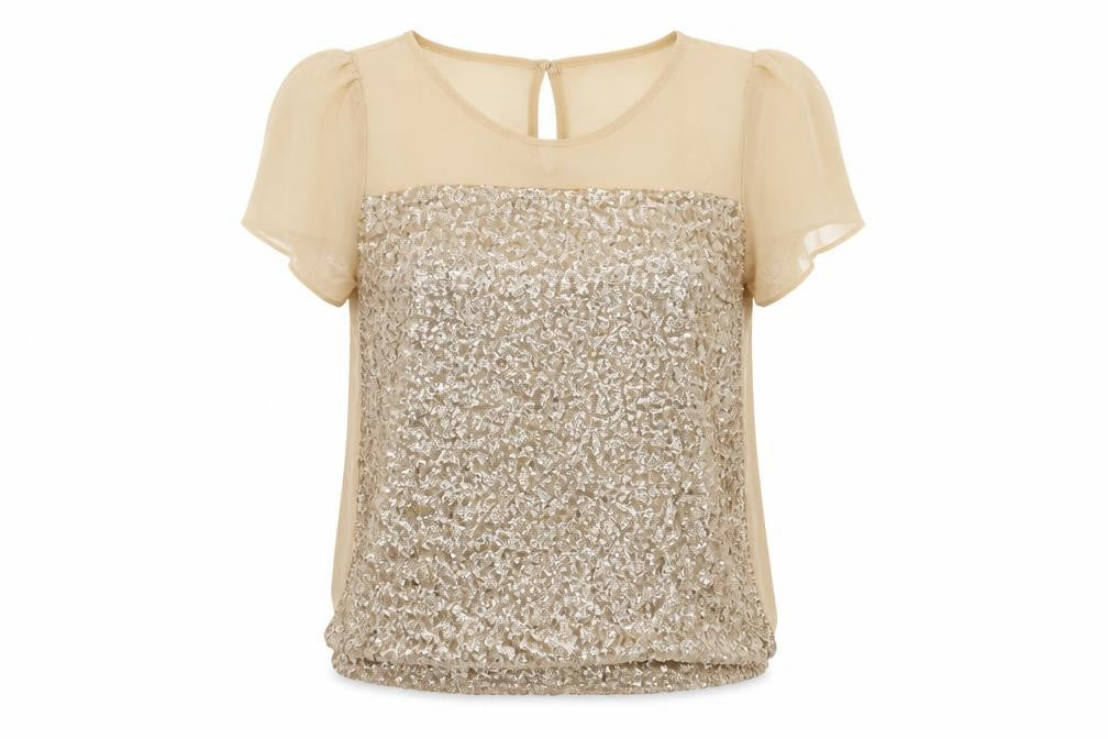 Red Herring Womens Beige Polyester Basic Blouse Size 8 Round Neck - Sequin