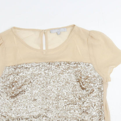 Close-up detail of Red Herring women’s beige polyester basic blouse, size UK 8, round neck - sequin
