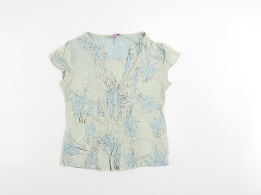 Monsoon Womens Green Floral Cotton Basic Button-Up Size 10 V-Neck