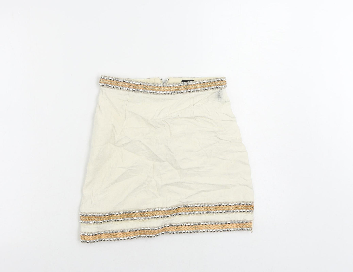 River Island Womens Ivory Cotton Mini Skirt Size 6 Zip - Beaded
