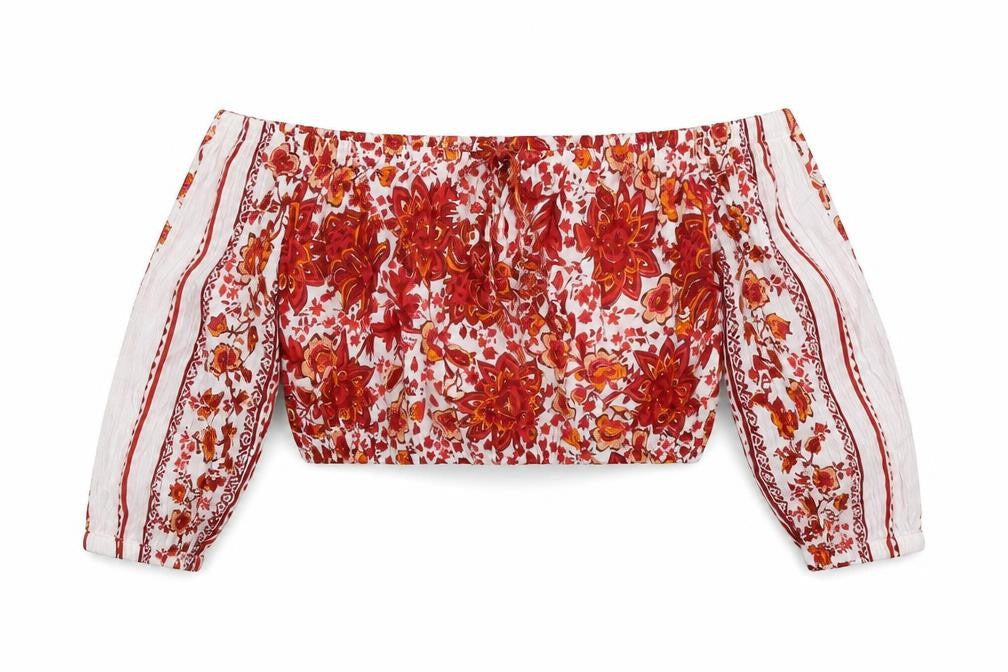 Khushi Womens Red Geometric Viscose Cropped Blouse Size S Square Neck
