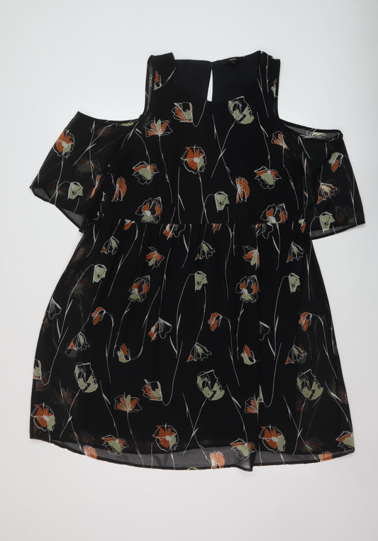 Netc Womens Black Floral Polyester A-Line Size 12 Round Neck Button