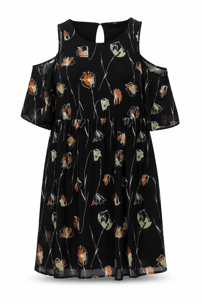 Netc Womens Black Floral Polyester A-Line Size 12 Round Neck Button