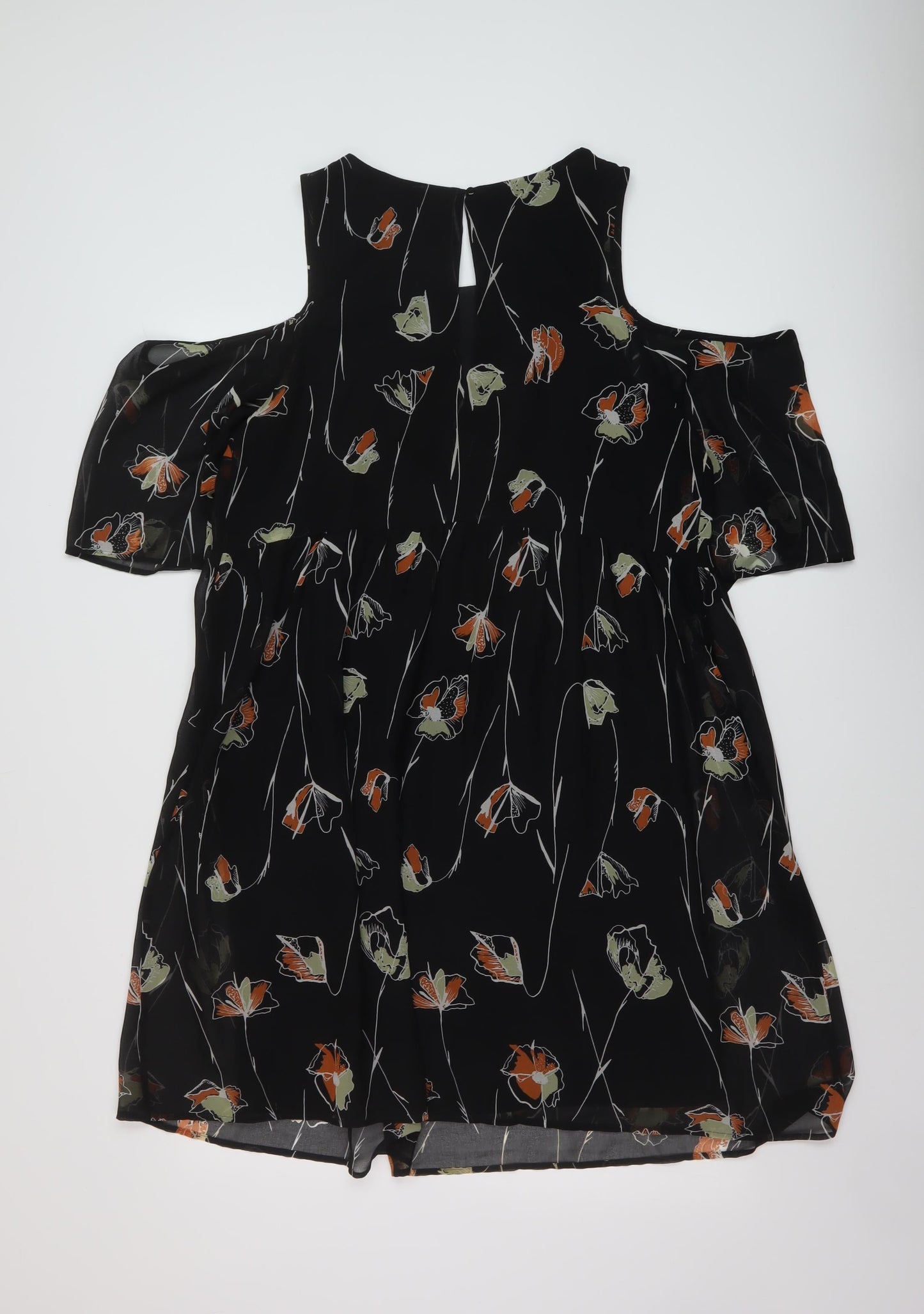 Netc Womens Black Floral Polyester A-Line Size 12 Round Neck Button