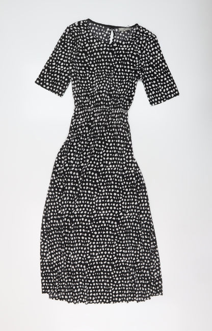 Additional front view of ASOS women’s black geometric polyester a-line, size UK 8, round neck button